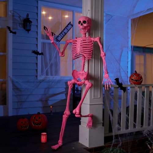 Image of JOYIN 5.6 FT Halloween Posable Skeleton Life Size, Giant Outdoor Yard Skeletons, Pink Plastic Skeleton with Movable Joints for Haunted House Props, Halloween Decorations, Spooky Scary Skeletons Party