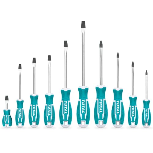 TOTAL - Juego de 10 Destornilladores - 6 de Punta Plana y 4 de Punta Phillips - Punta Imantada con potente imán - Cómodo para usar - Cromo Vanadio