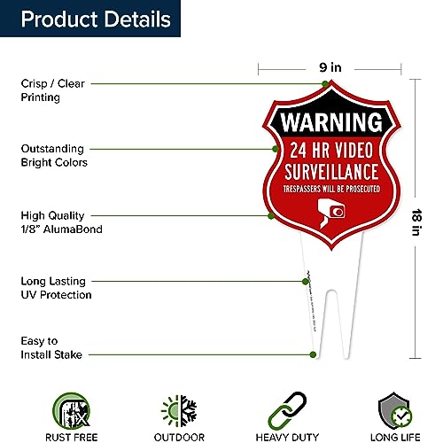 Image of Warning, 24 Hr Video Surveillance Sign, 7x13, Heavy Duty Integrated Ground Stakes, Indoor /Outdoor Use, Rust Free Aluminum Composite, Made in USA by My Sign center
