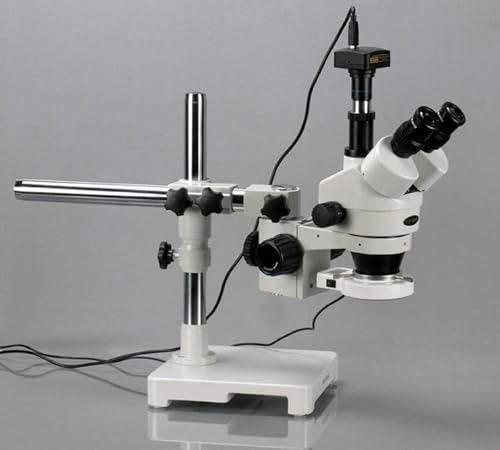 Image of AmScope SM-3TY-54S-5M Digital Professional Trinocular Stereo Zoom Microscope, WH10x Eyepieces, 7X-90X Magnification, 0.7X-4.5X Zoom Objective, 54-Bulb LED Light, Single-Arm Boom Stand, 110V-240V, Includes 2.0X Barlow Lens and 5MP Camera with Reduction Lens and Software