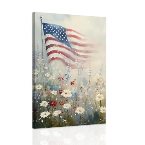 SWQYLB Patriotic Pictures Wall Decor American Flag Landscape Wall Art Floral Print Artwork Wildflower Painting Canvas Farmhouse Bedroom Home Decor Framed (12" x 18")