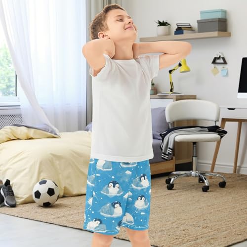 Boys Athletic Shorts with Pockets Blue Fluffy Penguin Running Basketball Shorts for Youth Elastic Waist Size 7-83