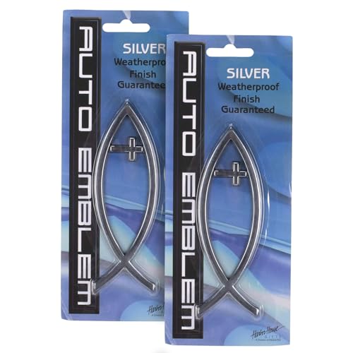Image of Dicksons, Large Silvertone Christian Cross and Fish Symbol, for Car, Vehicle, Truck, Van, Super Adhesive, All Weather, Inspirational Bumper, Easy Peel and Stick Auto Emblem, 2 - Piece Pack