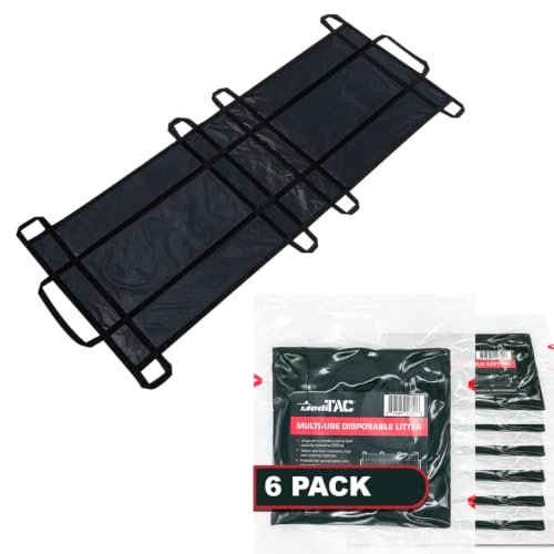Image of MediTac Emergency Patient Transport Litter, Latex-Free Evacuation Sling with 10 Reinforced Handles, Durable Non-Woven Fabric, 750 lb Capacity, Compact Vacuum-Packed Design, Black, 6-Pack