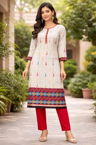 Image of Women's Cotton Blend Unstitched Kurti Set for Women | A-Line Style Dress Material | 2-Piece Traditional Ethnic Wear Suit Fabric