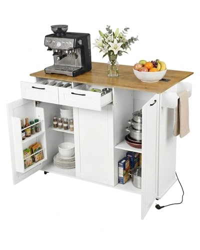Ginhow Isla de cocina con ruedas y encimera plegable, carrito de cocina con enchufe y USB, isla de cocina móvil, 120 x 74 x 94,5 cm, con 2 cajones, 2 puertas, estante y toallero, carrito de servicio