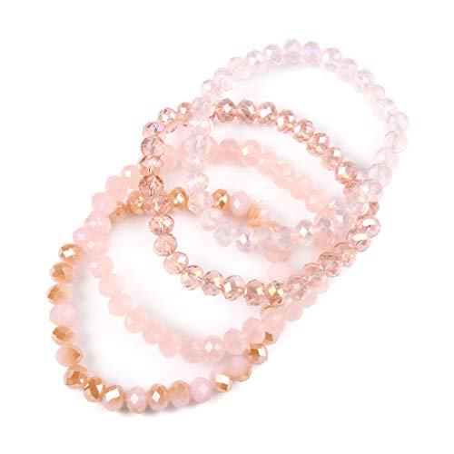 Bohemian Multi-Layer Beaded Stacking Bracelet - Versatile Stretch Strand Statement Wrap Slip-On Cuff Bangle Shiny Crystal Bead Metallic, Usa Flag, Rainbow Pride (Sparkly Mix - Light Pink) #TOP1