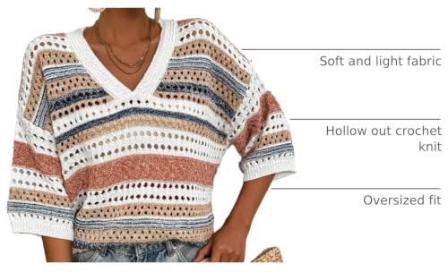 Image of Acelitt Crochet Tops for Women Summer Short Sleeve Sweater | Boho Striped Knit Top, 3 /4 Sleeve, Hollow Out Oversized Sweaters, Lightweight Blouses, Spring Fall Outfits for Beach Vacation