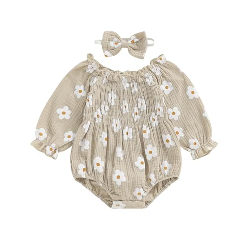 Image of DNOMAID YZARC Newborn Baby Girl Clothes Floral Long Sleeve Bubble Romper Cotton Linen Smocked Bodysuit Jumpsuit with Headband (Green, 0-3 Months)
