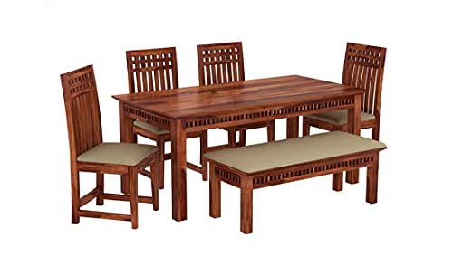 Image of Krishna Wood Decor Solid Sheesham Wood 6 Seater Dining Table | Six Seater Dinner Table with 4 Cushions Chairs & 1 Bench | Dinning Table Set 6 Seater for Living Room | Teak Finish