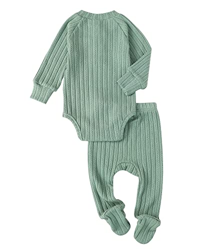 Newborn Baby Girl Clothes Infant Outfits Knit Cotton Button Long Sleeve Romper Footed Pant Set Winter Clothes Green 3-6 Months #TOP1