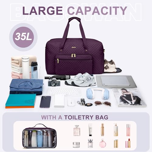 Large Travel Duffle Bag for Women: Carry On Weekender Bags for Womens with Shoe Compartment Overnight Duffel Bags with Wet Toiletry Pocket for Weekend Gym Hospital Bag for Labor and Delivery (Purple) by bagswan - Used condition - Image 3