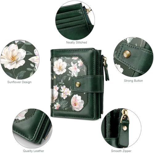 Image of Women Wallet Bifold RFID Blocking Small Credit Card Holder Leather Wallets Cards Case Ladies Purse with Zipper, Dark Green Flowers