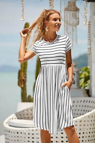 Image of Simier Fariry Womens Summer Modest Work Casual Midi Knee Dress Pocket Short Sleeve Teacher Outfits Spring Travel Clothes