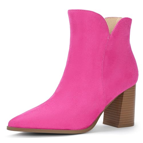 IDIFU Hot Pink Ankle Boots for Women Chunky Block Short Heel Boot Comfortable Classic Pointed Toe Dress Booties Casual Dressy Fashion Side V Cutout with Zipper Fall Boots(Hot Pink Suede 8)