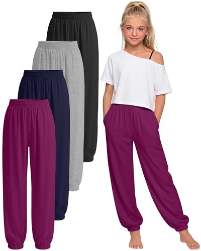 YooAurvox 4 Pack Girls Yoga Pants Lightweight Leggings Casual Joggers Elastic Waist with Pocket Kids Teen 5-14Y(9-10y Black Light Gray Navy Blue Fuchsia)