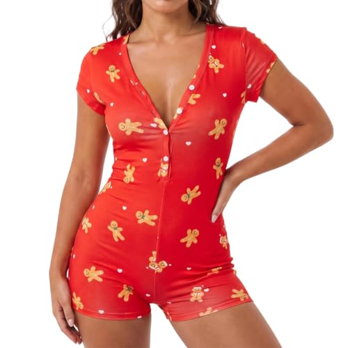SOLILOQUY Womens Christmas Onesie Pajamas Short Sleeve Y2K Sleep Romper Jumpsuit (Coral Red, XL)