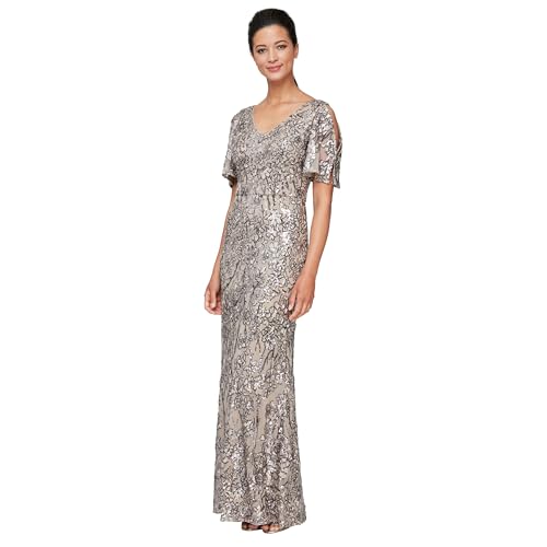 Alex Evenings Long Mother of The Bride Sequin Dress with Cold Shoulder Flutter Sleeves (Petite and Regular Sizes) Vestido para Ocasiones Especiales, marrón grisáceo, 44 ES/Chiquita para Mujer