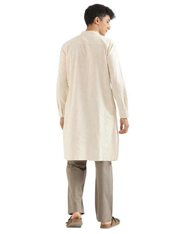 Image of SAADAA Men's Long Kurta - Linen Cotton Blend, Airy Fabric, Regular Fit, Mandarin Collar, Solid Color - Casual, Festive & Ethnic Wear
