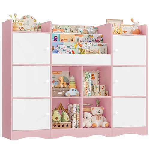 FOREHILL Meuble Rangement Enfant Bibliothèque Enfant avec 6 Portes 15 Étagères de Rangement Jouet Enfants pour Chambre Salle de Jeu 140x30x106 cm Rose