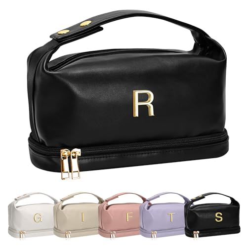 Vogewood Graduation Gifts for Girls-Initial Makeup Bag with Handle, Double Layer Cosmetic Bag, Makeup Bags for Women Letter Toiletry Bag with Makeup Brush Organizer-Birthday Gifts for Women