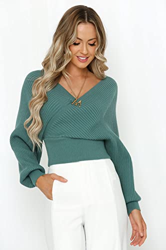 Image of ZAFUL Womens V Neck Cropped Wrap Sweaters Drop Shoulder Lantern Sleeve Pullover Tops Winter Sexy Cross Ribbed Clothes