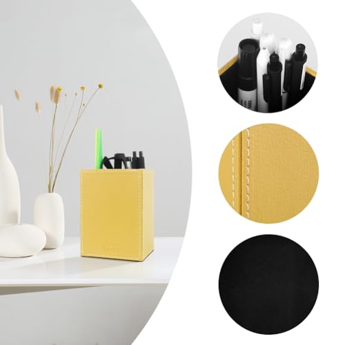 Image of Pen Pencil Holder Cup Container PU Leather Desk Organizer Stand Decor Brush Scissor Holder Decoration Office Desk Home School (Yellow, 3.54 inch x 3.54 inch x 4.72 inch)
