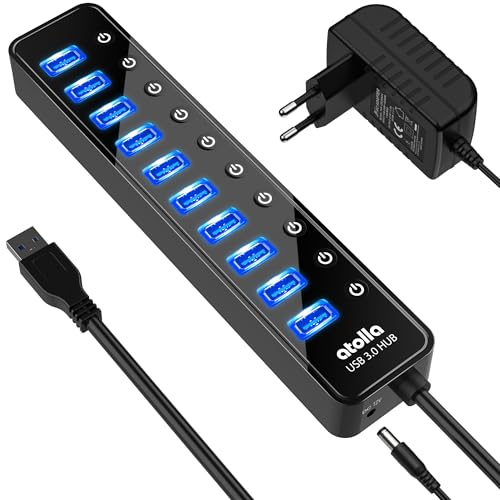 Hub USB Alimenté, atolla Hub USB 3.0 Multiprise 10Ports avec de commutateurs et des LED d'alimentation individuels Adaptateur 12V/2.5A pour Le Clavier, la Souris, l’imprimante, Les Pilotes durs, etc.