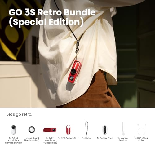 Image of Insta360 GO 3S Retro Bundle Special Edition 128GB Red - Small 4K Vlogging Camera, Hands-Free POV Cam, Retro Filters, 4K30fps, Extra Bttery, Lightweight Wearable Vlog Camera for Street & Daily Shots