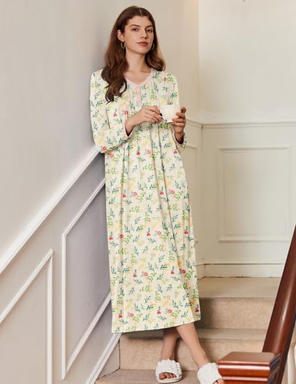 Ekouaer Women's Long Sleeve Nightgown Full Length Sleepwear Long Sleepshirts Henley Sleep Dress S-4XL - Image 3