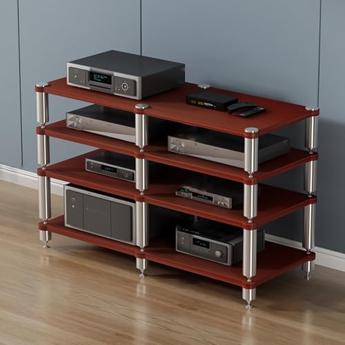 Stereo Rack,Media Storage Cabinet,2/3/4-Tier AV Media Stand Corner Shelf,Audio Rack Tower,Movable Audio Rack Tower Player Stand,Storage for Entertainment Stereo Component,Video Game Console Stand(Teak
