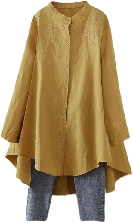 Women's Cotton Linen Shirt High Low Button Down Embroidered Blouse Long Sleeve Tunic Tops
