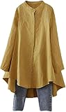 Minibee Women's Cotton Linen Shirt High Low Button Down Embroidered Blouse Long Sleeve Tunic Tops
