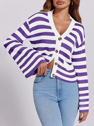 Image of Saodimallsu Womens Striped Cardigan Sweaters Cropped Fall Button Open Front Long Sleeve Knit Sweater Coat with Pockets