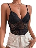 SheIn Damen Spitze Bodysuit Transparenter Netz Spaghettiträger Body V-Ausschnitt Bodys mit Spitzenkontrast Schwarz S