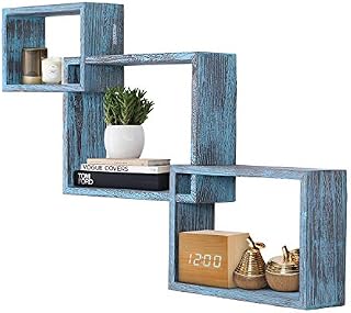 Rustic Wall Mounted Tier Square Shaped Floating Shelves Set of 3Screws and Anchors Included - Farmhouse Wooden Shelves for every Room  Rustic Wall Barn Décor  Floating Display Storage - Blue