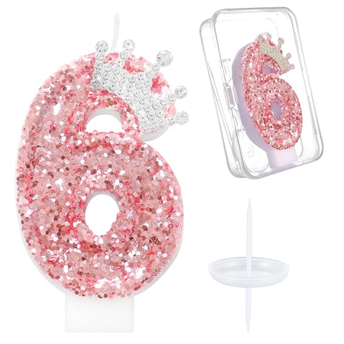 Ceya Number 6 Birthday Candles,Pink Crown Candle for Cake Topper
