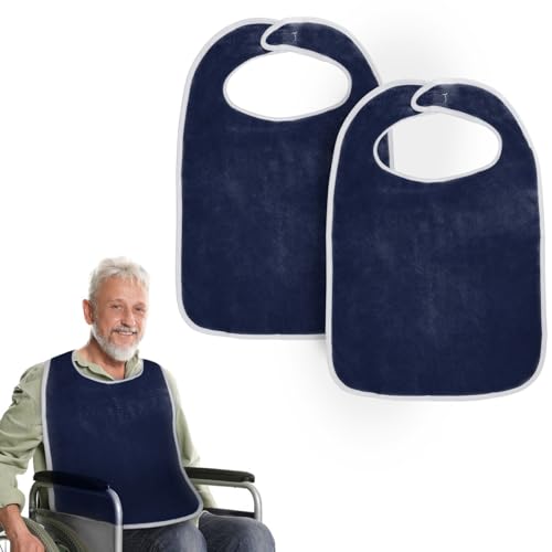 2 Bavoirs pour Adultes, Grand Bavoir Réutilisable pour Adultes avec Fermeture Velcro, Bavette Adulte Étanche et Lavable, Protection Vêtements pour Repas des Personnes Âgées Handicapées, Bleu Marine