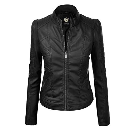 Lock and Love LL WJC746 Womens Vegan Leather Motorcycle Jacket L BLACK