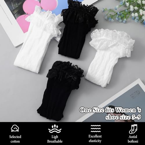 4 Pairs Womens Ruffle Socks, White and Black Lolita Dress Frilly Lace Socks, Sexy Mesh Sock, Cotton Lace Ankle Sock for Woman Girl2
