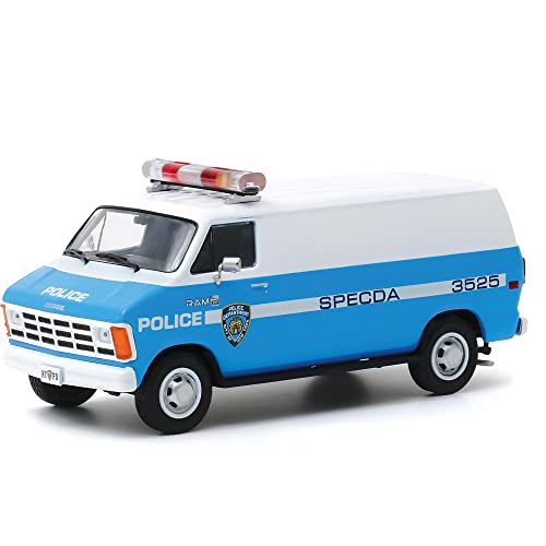 NYPD 1987 Dodge Ram B250 Van, Blue /White - Greenlight 86577 - 1/43 Scale Diecast Model Toy Car