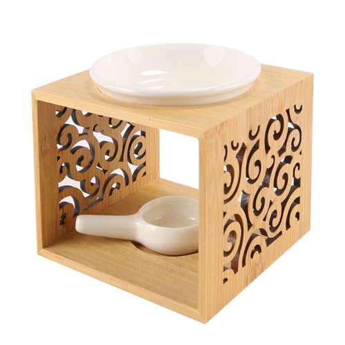 Gorise Lámpara de aromaterapia de bambú y cerámica con vela de té, difusor suave, incluye cuenco y portavelas, ideal para decoración del hogar, yoga, dormitorio, oficina en casa.