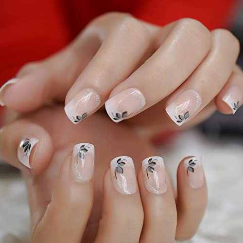 Coolnail Ombre Pink Nude White French Press On Fake Nails Shimmer Glitter Leaf Squoval Square Nails For Girl False Finger Nail Art Tips #TOP5