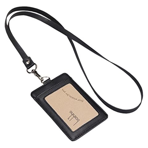 Boshiho Leather ID Card Badge Holder with Heavy Duty PU Leather Lanyard Neck Strap (V-Black) Cover