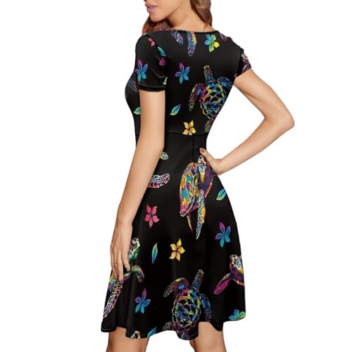 Image of POLERO Women Puffy Swing Elegant Party Midi Dresses Short Sleeve Round Neck A-Line Dress