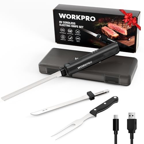 WORKPRO Electric Knife for Meat Slicing, Cordless Electric Carving Knife for Turkey, Fish & Bread, Two Stainless Steel Blades, Ergonomic Handle, Storage Case & Serving Fork Included, Black