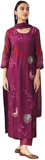 SURAMNI Women’s Roman Fabric Embroidered Long Kurta with Pant & Dupatta Set for women Straight Kurta Pant Set Embroidery W... Price In India
