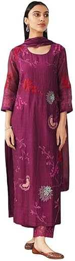 SURAMNI Women’s Roman Fabric Embroidered Long Kurta with Pant &amp; Dupatta Set for women Straight Kurta Pant Set Embroidery W...