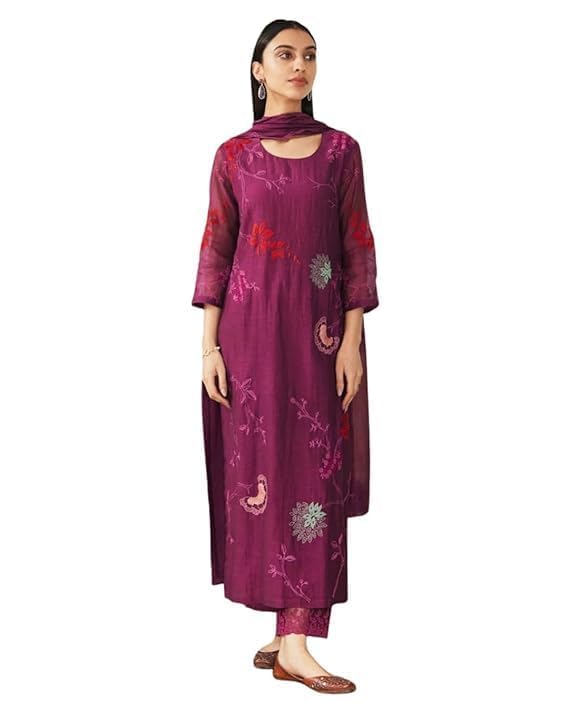 SURAMNI Women’s Roman Fabric Embroidered Long Kurta with Pant & Dupatta Set for women Straight Kurta Pant Set Embroidery W... - Review, Price and Buying Guide