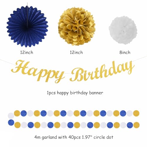 Image of Navy-Blue Gold Birthday Party-Decorations Paper-Flowers - 14pcs Happy Banner Royal Lanterns Tissue Pom Poms,Men Streamers Garland Fans Honeycomb,Teen Boys Male Kids Hanging Supplies Decor Hugfond